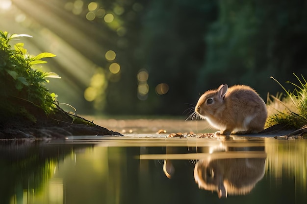 schattig konijn met bloemen op een natuurlijk groen