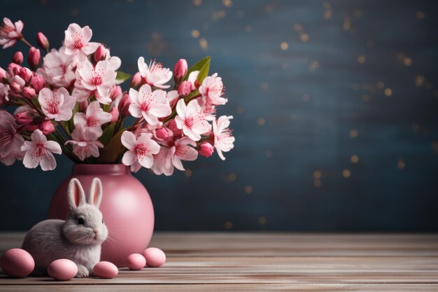 Schattig konijn met rode paaseieren en lentebloemen