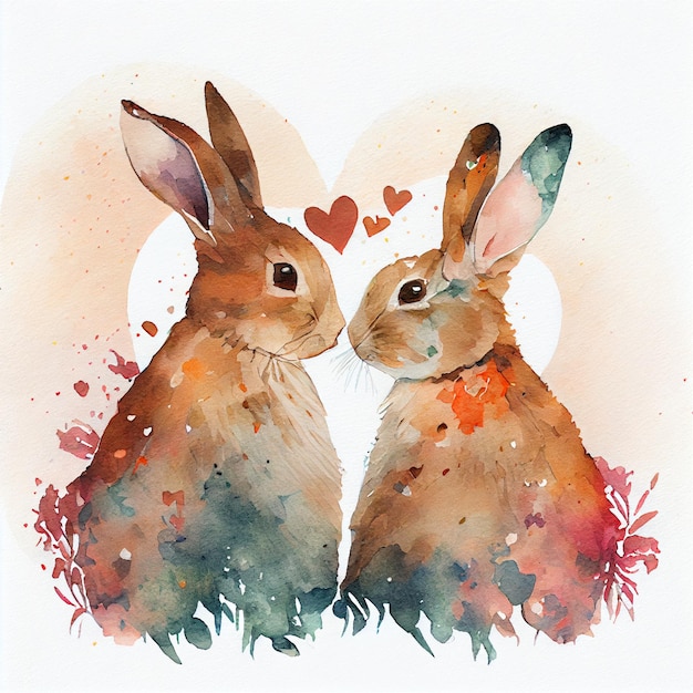 Schattig konijn of konijntje paar verliefd op harten aquarel tekening illustratie
