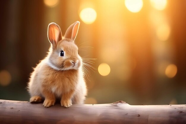 Schattig konijn zit op het hout met lichte bokeh vorm natuur achtergrond gegenereerde AI