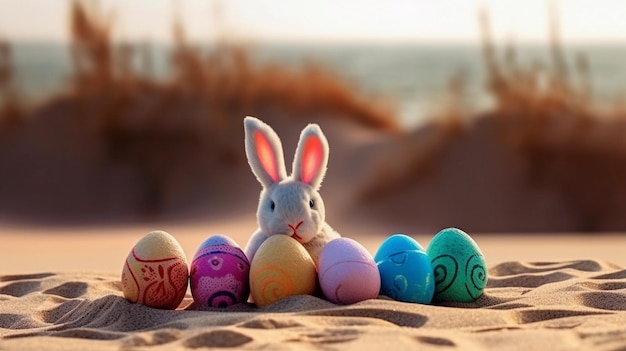 Schattig konijnenspeelgoed en kleurrijk beschilderde paaseieren op het strand Ondiepe scherptediepte Concept van gelukkige paasdag