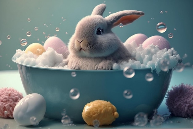 Schattig konijntje dat een bad neemt in een bad met ballen generatieve ai