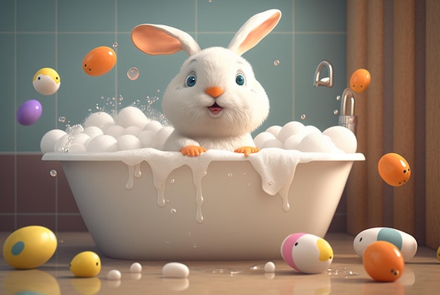 Schattig konijntje dat een bad neemt in een bad met ballen generatieve ai