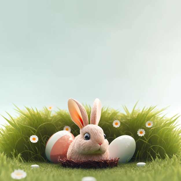 Schattig konijntje en decoratieve eieren op groen gazon en bloemen voor pasen viering achtergrond wenskaart met lege ruimte