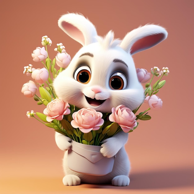 schattig konijntje met bloemen boeket