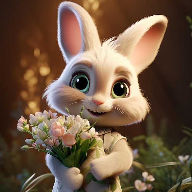 Foto schattig konijntje met bloemen boeket