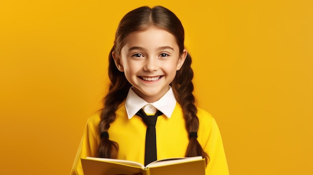 Schattig lachend schoolmeisje met boek op gele achtergrond Gemaakt met generatieve AI-technologie