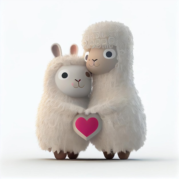 Schattig lama of alpaca paar verliefd op harten 3d render cartoon afbeelding