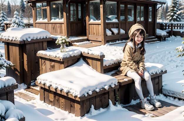 Schattig meisje lacht buiten in de sneeuw op koude winterdag