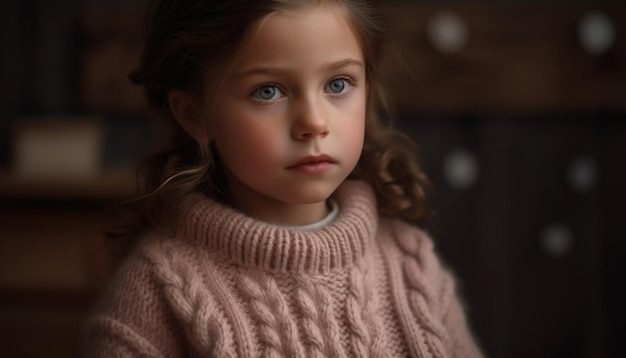 Schattig meisje met bruin haar glimlachend binnenshuis gegenereerd door AI