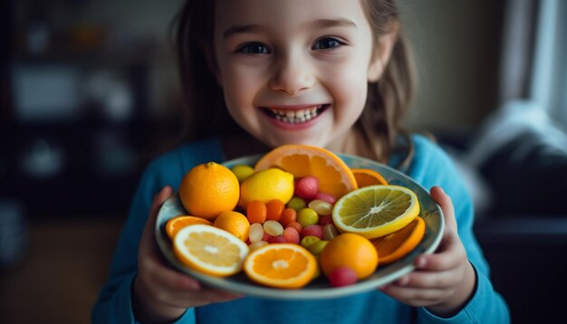 Schattig meisje met een schijfje citrusvruchten glimlachend naar de camera binnenshuis gegenereerd door AI