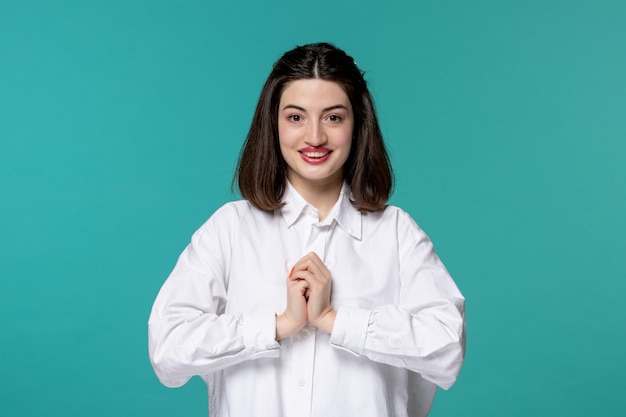 Schattig meisje mooie brunette jonge lieve meid in wit overhemd erg opgewonden voor iets