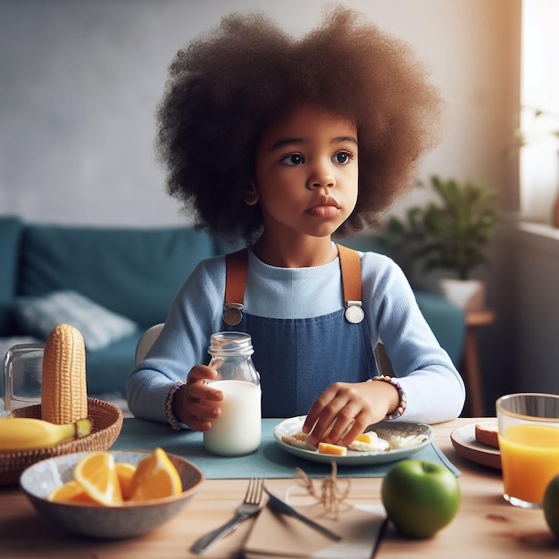 Foto schattig meisje ontbijten en melk drinken