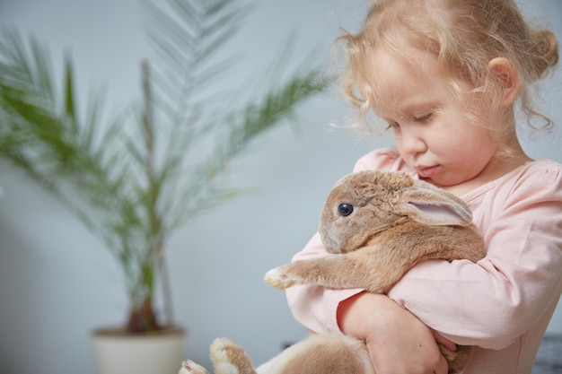 Schattig meisje peuter knuffelen een krullend konijn thuis meisje met konijn huisdier konijntje kopie ruimte