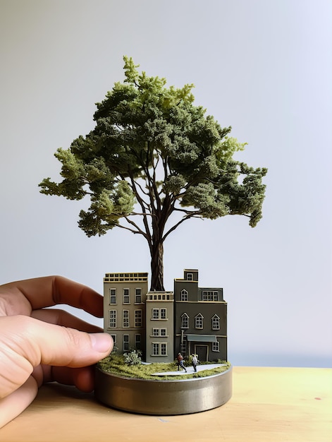 schattig miniatuurboom grijs stadsgezicht