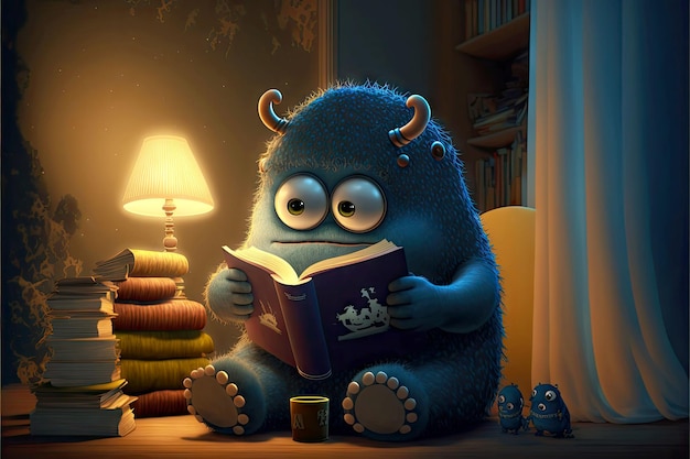 Schattig monster leest boeken die 's nachts in generatieve ai in huis zitten