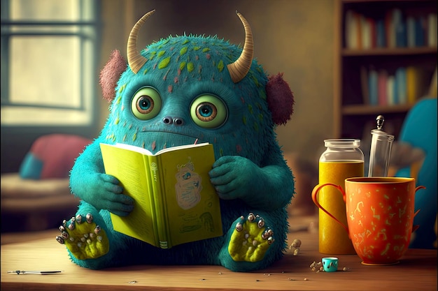 Schattig monster leest boeken en drinkt hete thee generatieve ai