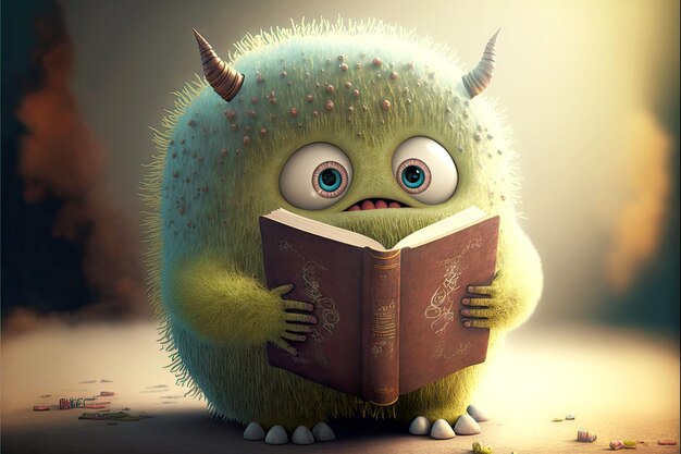 Schattig monster leest boeken en probeert een enorme boekgeneratieve ai vast te houden