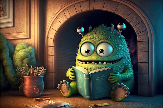 Schattig monster leest boeken in klein huis met generatieve ai met open haard