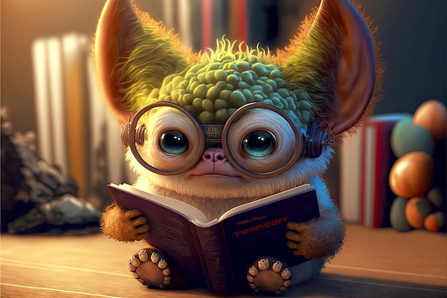 Schattig monster leest boeken met een bril en grote oren generatieve ai