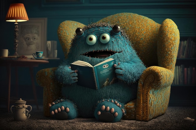 Schattig monster leest mysterieroman in knusse fauteuil