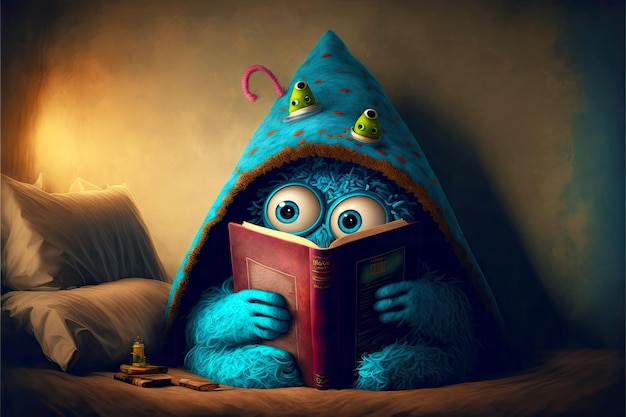 Foto schattig monster leest ondergedoken boeken onder hoed generatieve ai