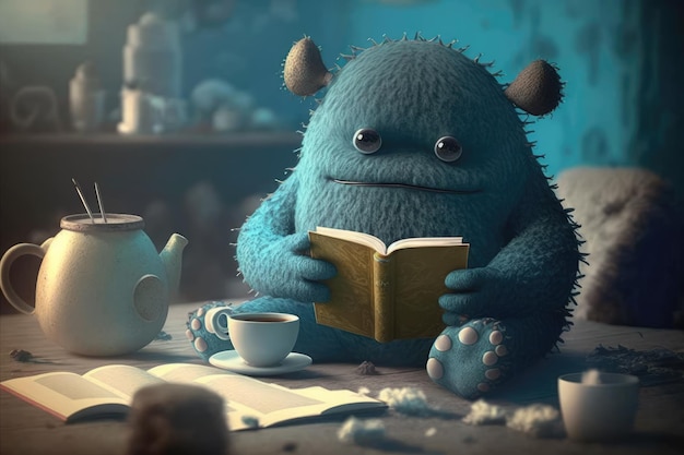 Schattig monster ontspant met een kopje thee leesboek in een rustige en serene omgeving