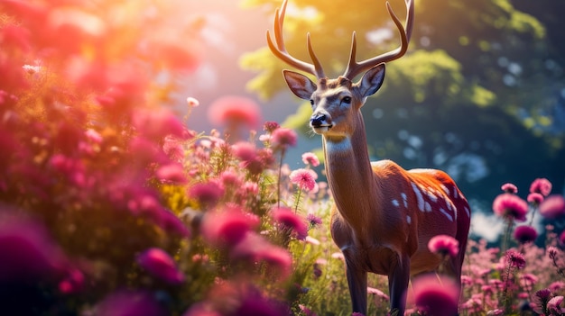 Schattig mooi hert in een veld met bloemen in de natuur in zonnige roze stralen