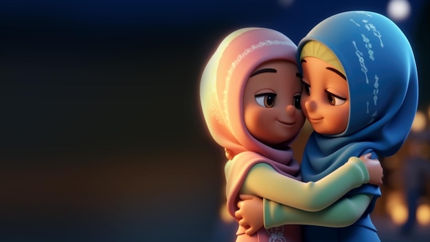 Schattig moslimmeisje karakter knuffelen en wensen elkaar op eid mubarak concept generatieve ai