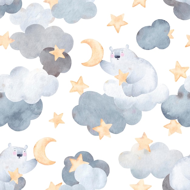 Schattig naadloos patroon met ijsberen op wolken maan en sterren Aquarel illustratie Creatieve kinderachtige textuur voor stof inwikkeling textiel behang kleding