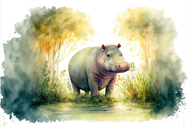 Schattig nijlpaard in het midden van het bos Hippo aquarel schilderij