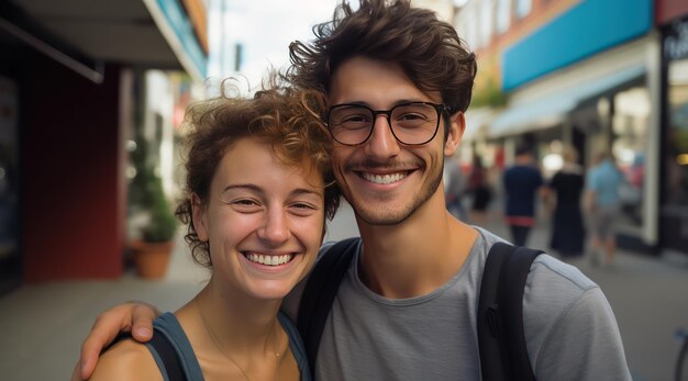 Schattig paar glimlachend in de camera lange man korte vrouw in casual kleding