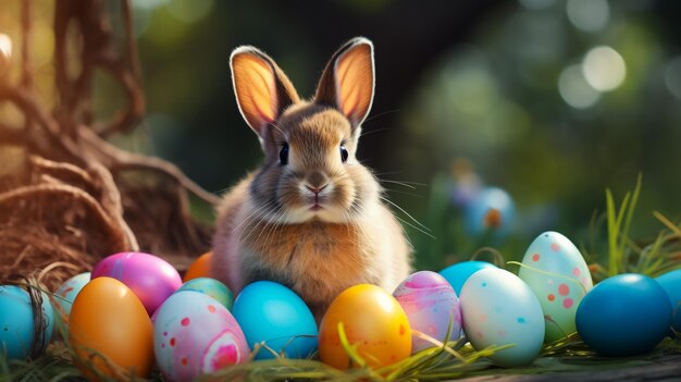 schattig paaskonijn dat in de tuin zit in kleurrijke eieren