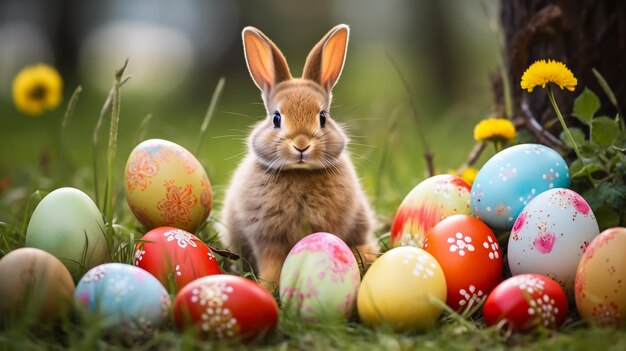 schattig paaskonijn dat in het gras zit in kleurrijke eieren paasconcept