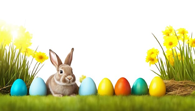 schattig paaskonijn zit met gekleurde paaseieren op de natuur straat witte achtergrond met lege kopie ruimte voor tekst kaarten banners