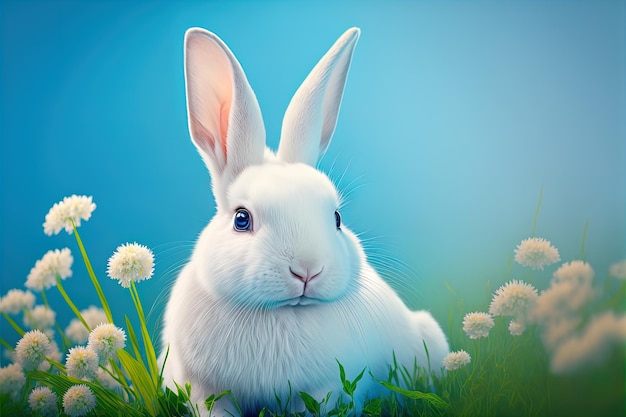 Schattig paaskonijn zittend op groen gras met madeliefjebloemen op blauwe hemelachtergrond met lege ruimte voor tekst of product Nieuwsgierig klein konijntje symbool van lente en pasen