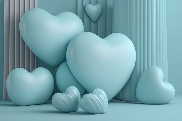 Schattig pastel blauw hart ballonnen kussen achtergrond 3D-rendering harten witte dag baby shower geslacht onthullen