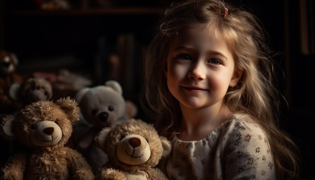 Schattig peutermeisje speelt met teddybeer gegenereerd door AI