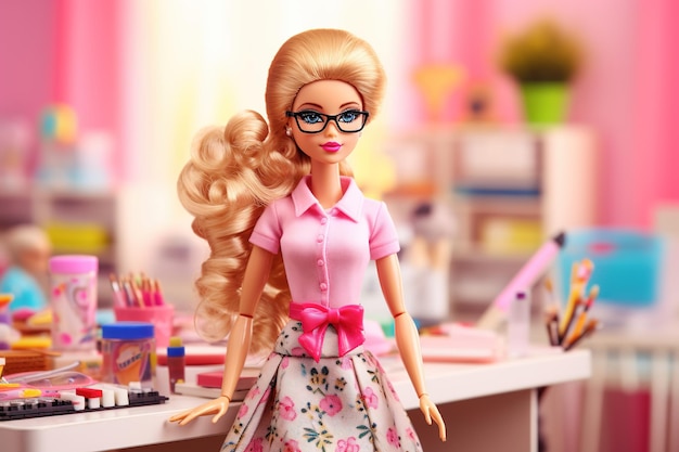 Schattig plastic poppenportret Barbie bereidt zich voor en gaat naar school