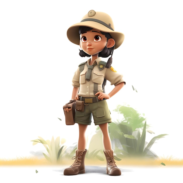 Schattig safarimeisje in safari-outfit met rugzak en muts