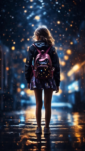 Schattig schoolmeisje met rugzak staande op een splash glinsterende achtergrond