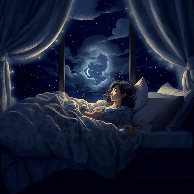 Schattig slapend meisje in het maanlicht Jonge vrouw in bed 's nachts
