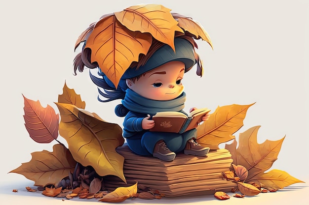 Schattig stripfiguur zittend op een stapel bladeren die een boek lezen