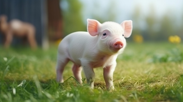 schattig varken pasgeboren staande op een grasveld concept van biologische dier vriendschap liefde voor de natuur