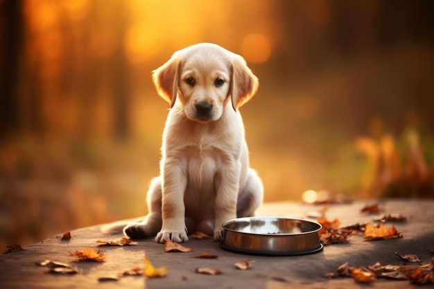 Schattig verdrietig hongerig labrador puppy hondje zit naast maaltijd bord schattig dierenconcept