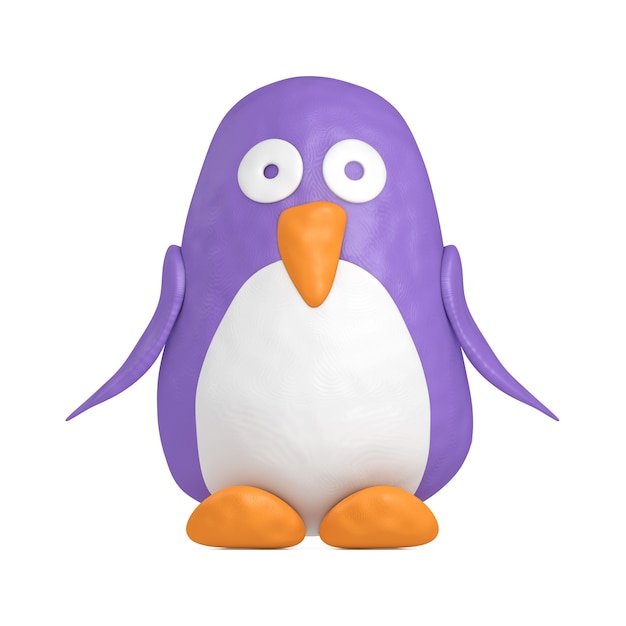 Schattig violet en wit speelgoed cartoon plasticine of clay penguin op een witte achtergrond. 3d-rendering