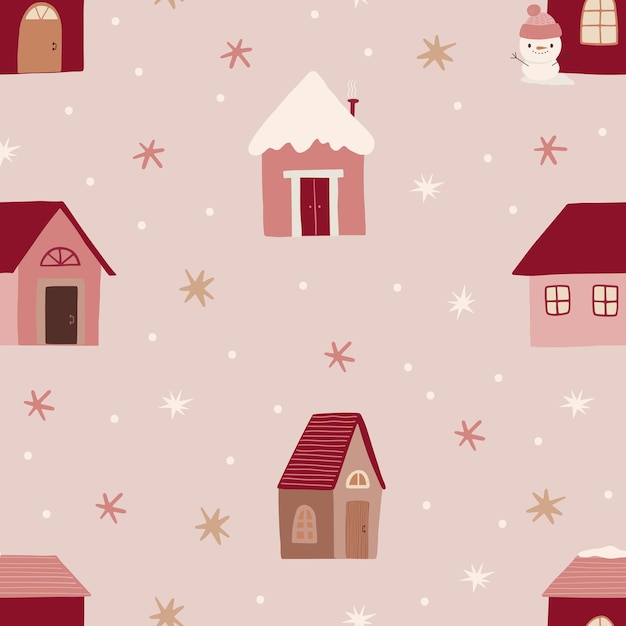 Schattig winter patroon met huizen kinderachtig boho achtergrond vectorillustratie