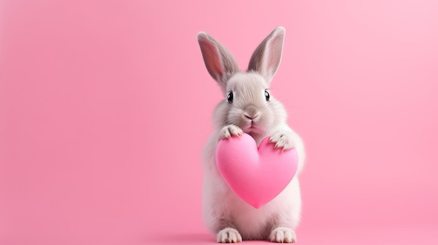 Schattig wit konijn met hart op roze achtergrond Valentijnsdag concept