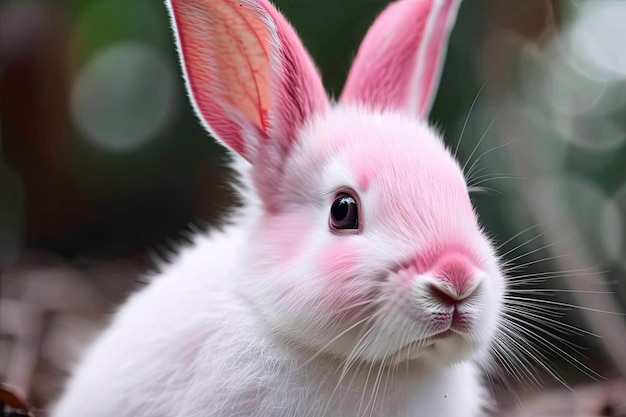 Schattig wit konijn met roze oren zittend op het gras Generatieve AI