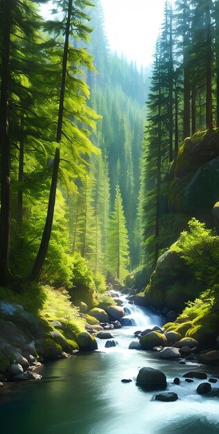 Schattig zonnig bos met een rivier Generatieve AI